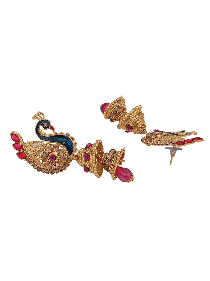 Styylo Fashion Traditional Peacock Shape Pink Stone Studded 2 Floor Jhumka Earring