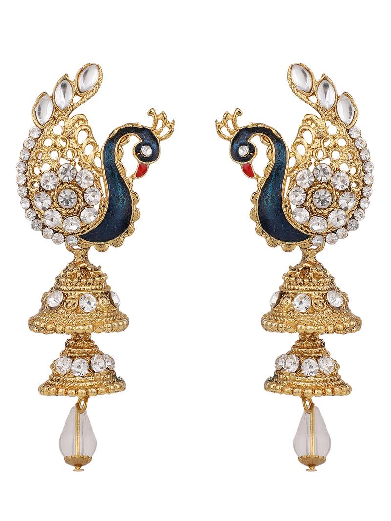 Styylo Fashion Traditional Peacock Shape White Stone Studded 2 Floor Jhumka Earring