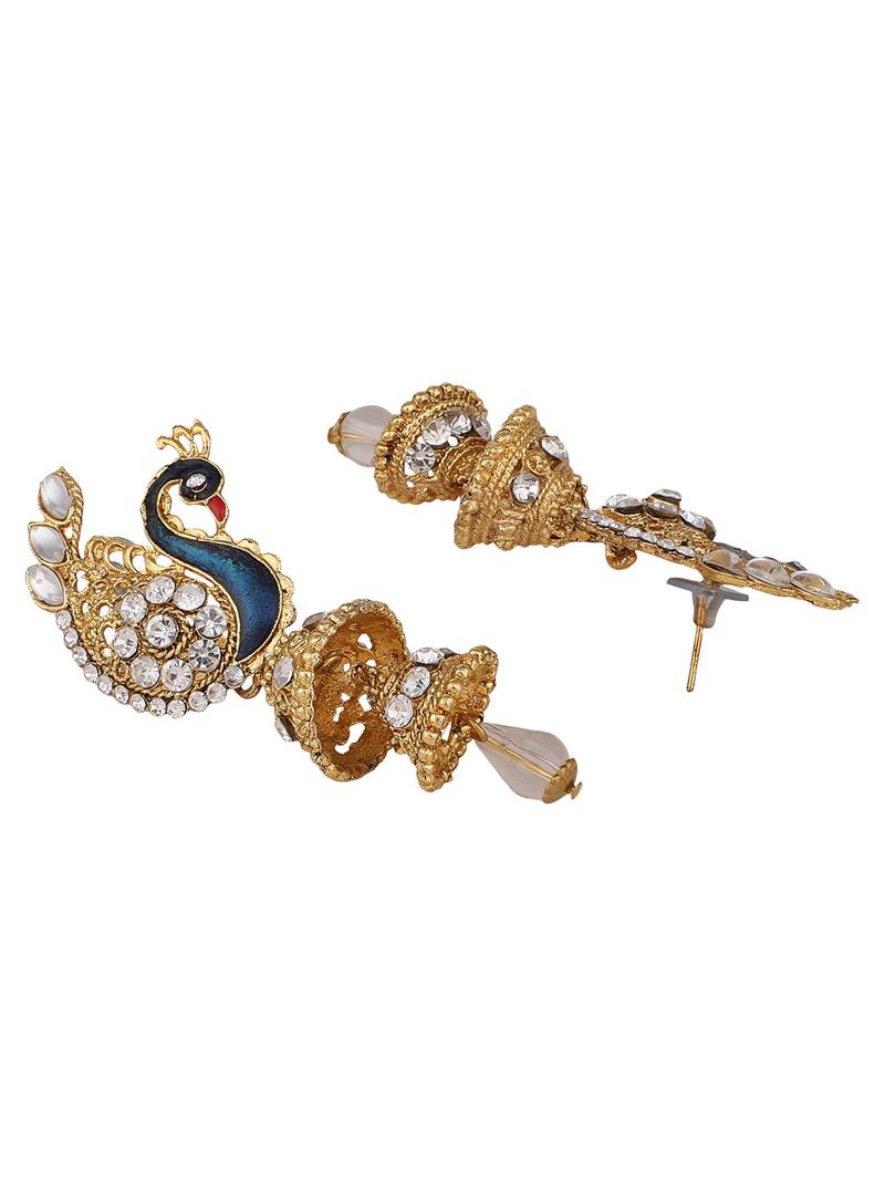 Styylo Fashion Traditional Peacock Shape White Stone Studded 2 Floor Jhumka Earring