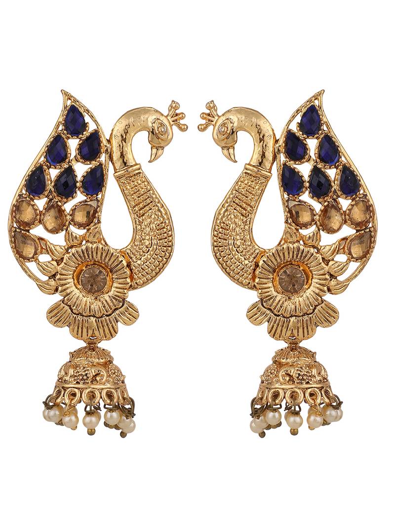 Styylo Fashion Peacock Shaped Traditional Brass Gold Plated Blue Stone Studded Jhumka Earring