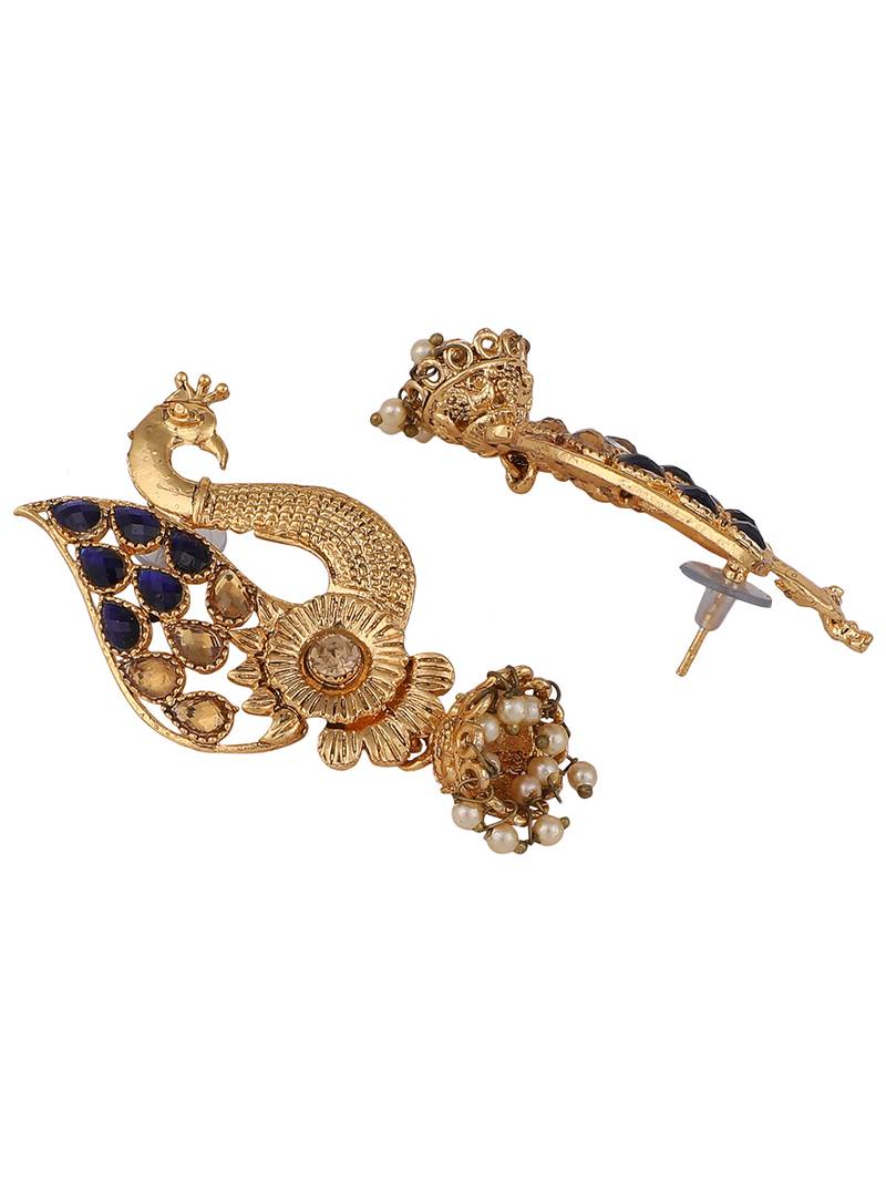 Styylo Fashion Peacock Shaped Traditional Brass Gold Plated Blue Stone Studded Jhumka Earring