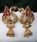 Styylo Fashion Peacock Shaped Traditional Brass Gold Plated Red Stone Studded Jhumka Earring