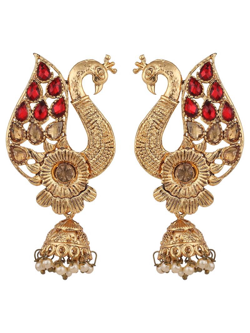 Styylo Fashion Peacock Shaped Traditional Brass Gold Plated Red Stone Studded Jhumka Earring