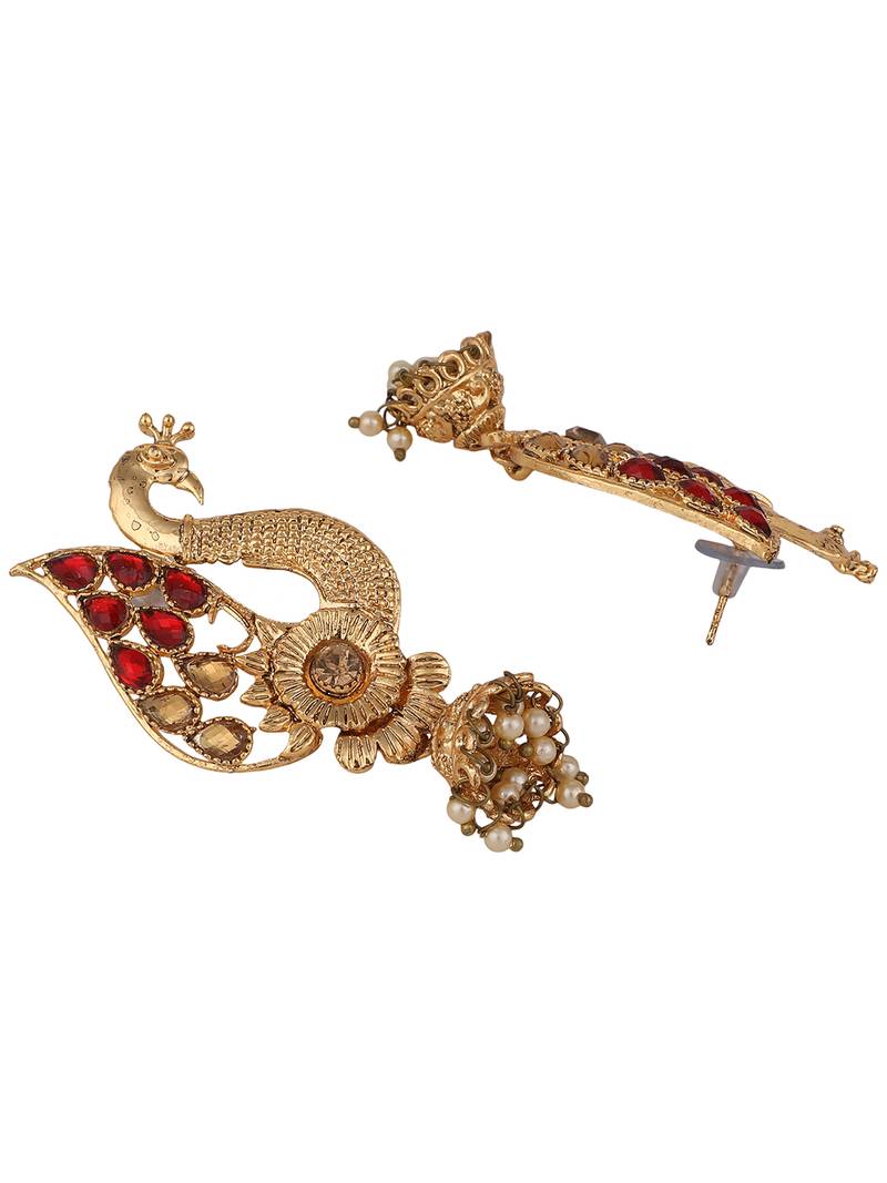Styylo Fashion Peacock Shaped Traditional Brass Gold Plated Red Stone Studded Jhumka Earring
