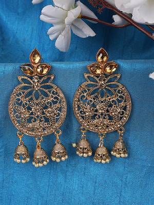 Styylo Fashion Traditional Gold Plated LCT Cubic Zirconia 3 Jhumki Chandbali Earring 1