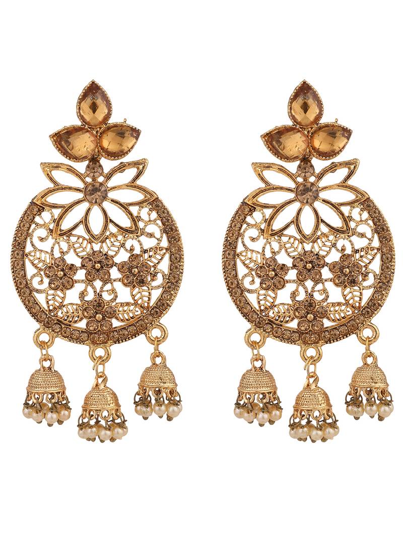Styylo Fashion Traditional Gold Plated LCT Cubic Zirconia 3 Jhumki Chandbali Earring