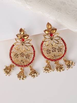 Styylo Fashion Traditional Gold Plated LCT & RED Cubic Zirconia 3 Jhumki Chandbali Earring 1