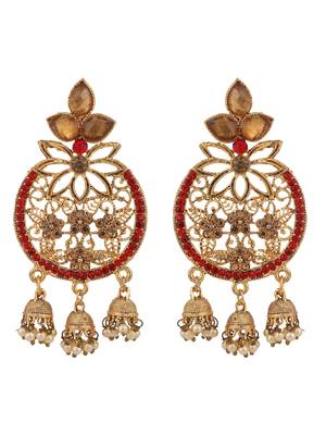 Styylo Fashion Traditional Gold Plated LCT & RED Cubic Zirconia 3 Jhumki Chandbali Earring 3