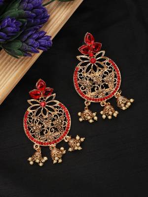 Styylo Fashion Traditional Gold Plated RED Cubic Zirconia 3 Jhumki Chandbali Earring 1