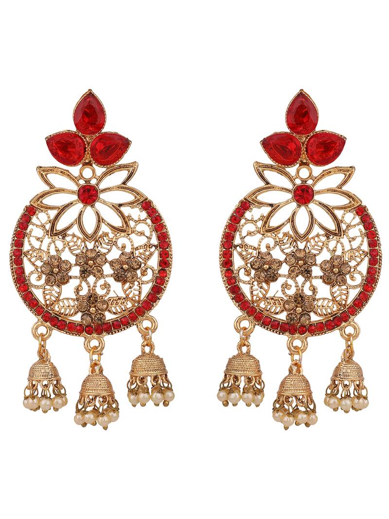 Styylo Fashion Traditional Gold Plated RED Cubic Zirconia 3 Jhumki Chandbali Earring
