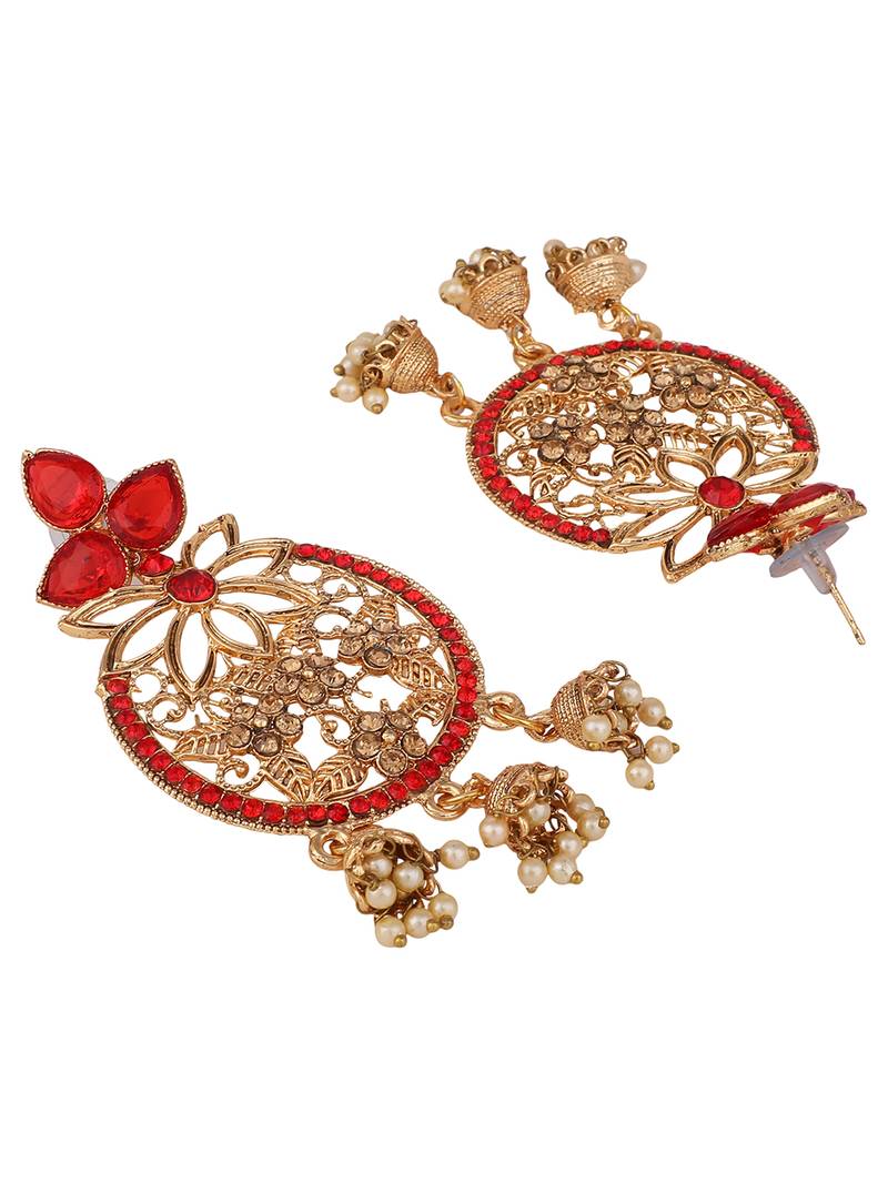 Styylo Fashion Traditional Gold Plated RED Cubic Zirconia 3 Jhumki Chandbali Earring
