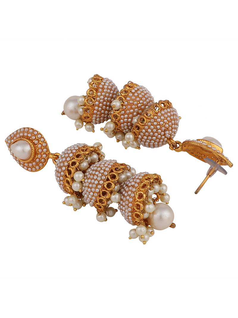 Styylo Fashion Gold Plated White Pearl 3 Floor Brass Traditional Jhumka earring