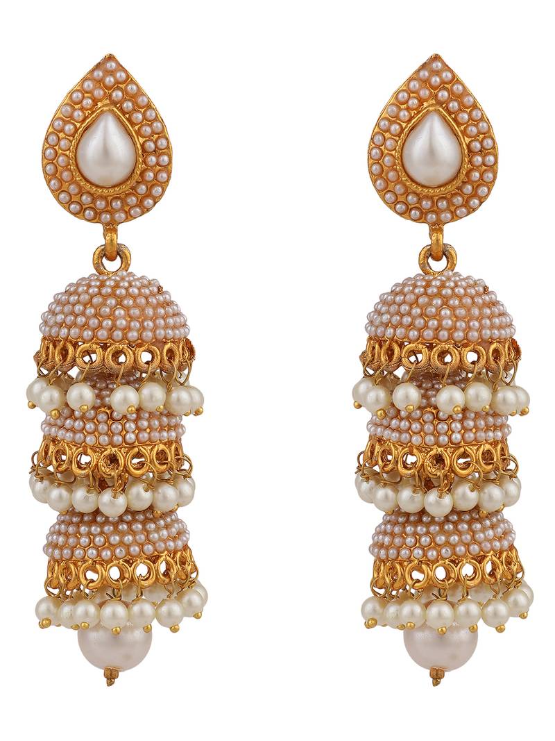 Styylo Fashion Gold Plated White Pearl 3 Floor Brass Traditional Jhumka earring