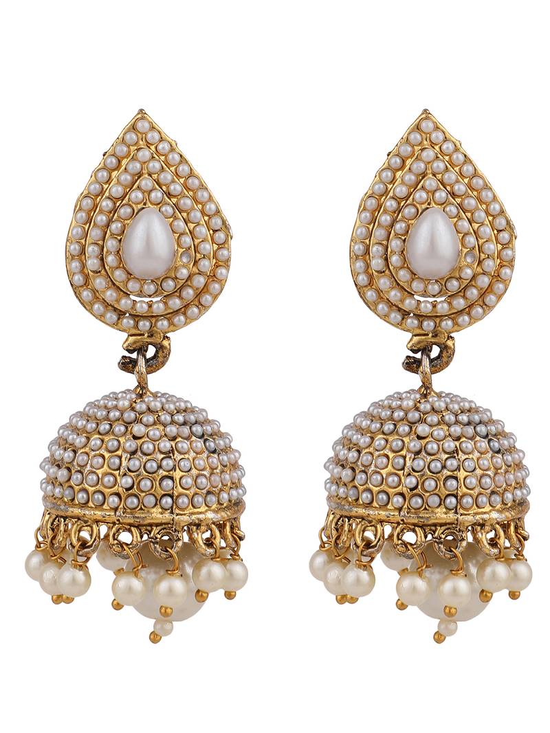 Styylo Fashion Traditional Pearl Off white Brass Tear Drop Shaped Jhumka Earring