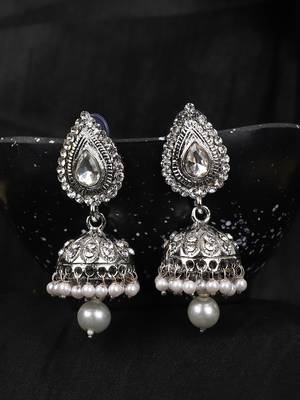 Styylo Fashion Silver Plated Traditional Teardrop Shape Stone Studded Oxidised Jhumka Earring 1