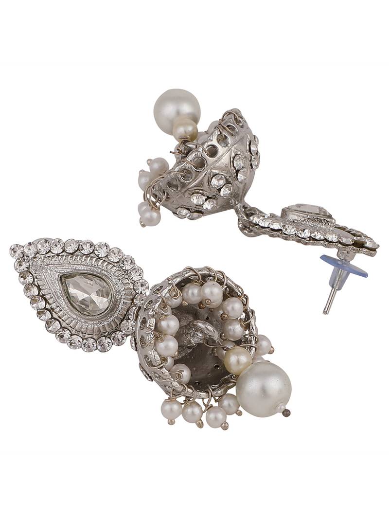 Styylo Fashion Silver Plated Traditional Teardrop Shape Stone Studded Oxidised Jhumka Earring
