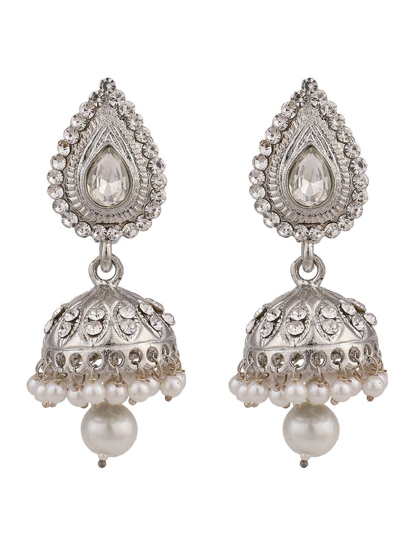 Styylo Fashion Silver Plated Traditional Teardrop Shape Stone Studded Oxidised Jhumka Earring