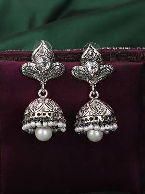 Styylo Fashion Silver Plated Traditional Teardrop Shape Oxidised Stone Studded Jhumka Earring 1