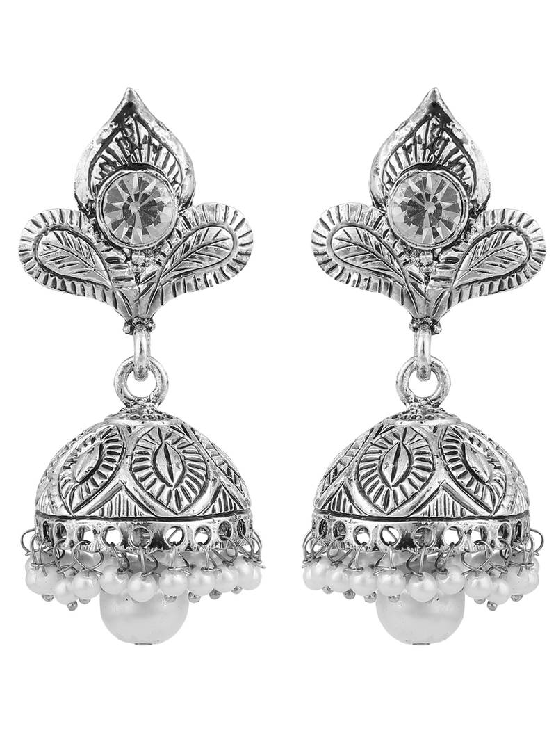 Styylo Fashion Silver Plated Traditional Teardrop Shape Oxidised Stone Studded Jhumka Earring