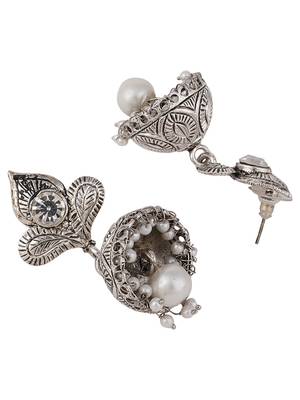 Styylo Fashion Silver Plated Traditional Teardrop Shape Oxidised Stone Studded Jhumka Earring 3