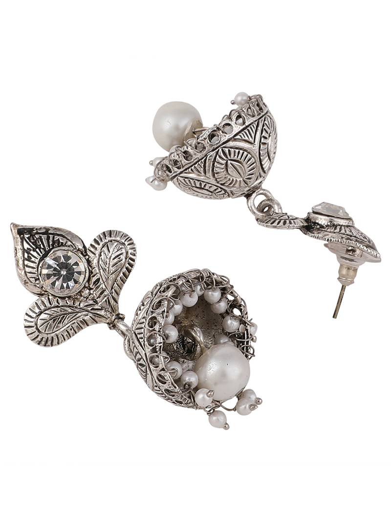 Styylo Fashion Silver Plated Traditional Teardrop Shape Oxidised Stone Studded Jhumka Earring
