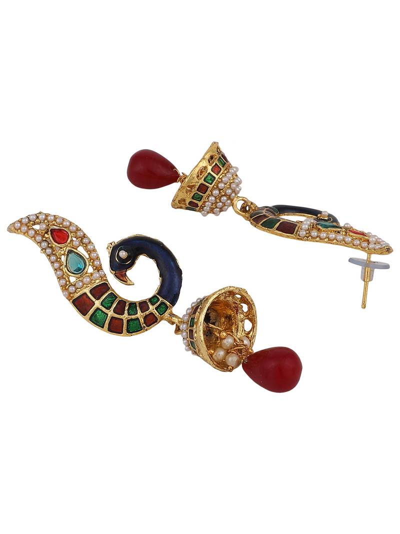 Styylo Fashion Peacock Motif Gold Plated Meenakari Multicolour Traditional Jhumka Earring