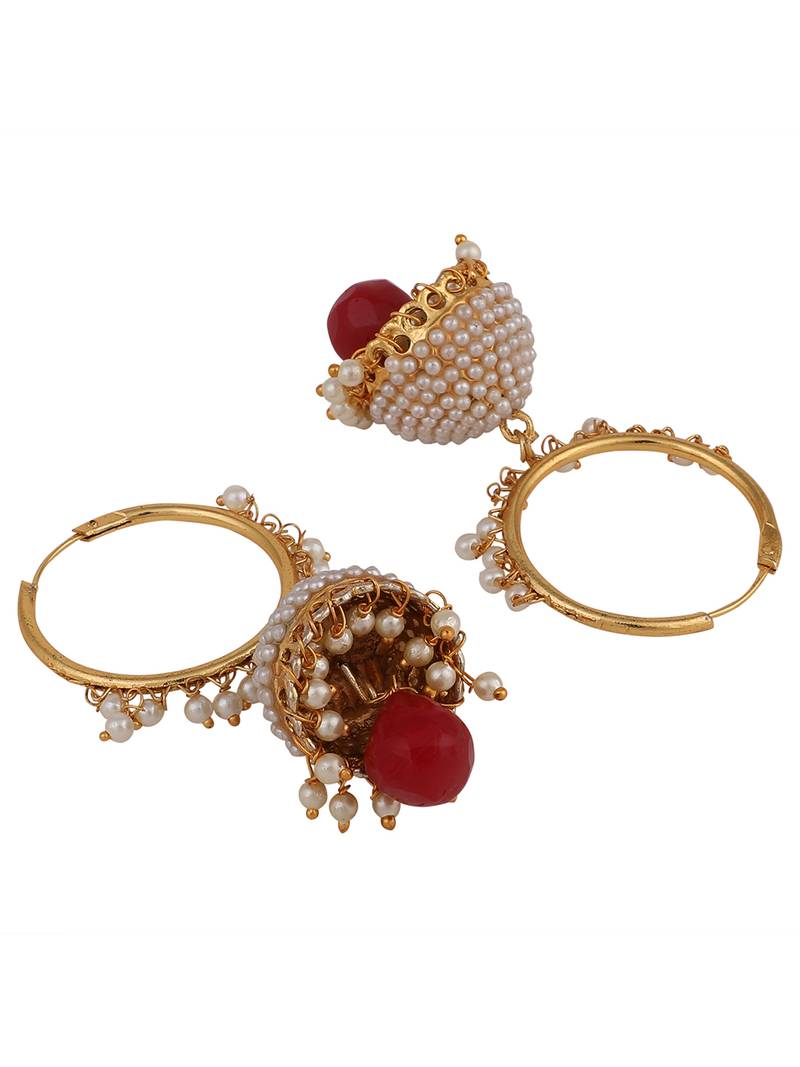 Styylo Fashion Off-White Pearl Maroon Gold Plated Hoop with Jhumka Earring
