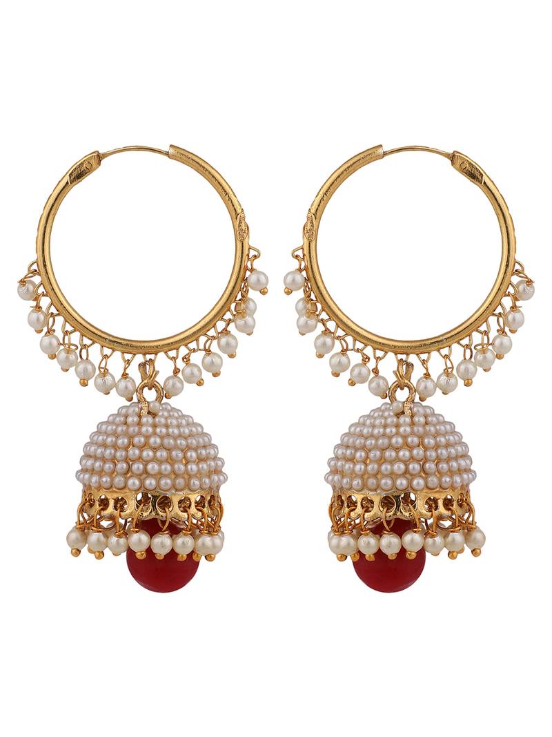 Styylo Fashion Off-White Pearl Maroon Gold Plated Hoop with Jhumka Earring