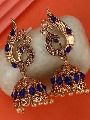Styylo Fashion Peacock Shaped Brass Traditional Gold Tone Blue Stone Studded Jhumka Earring 1