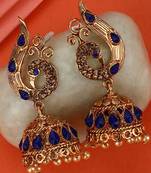 Styylo Fashion Peacock Shaped Brass Traditional Gold Tone Blue Stone Studded Jhumka Earring