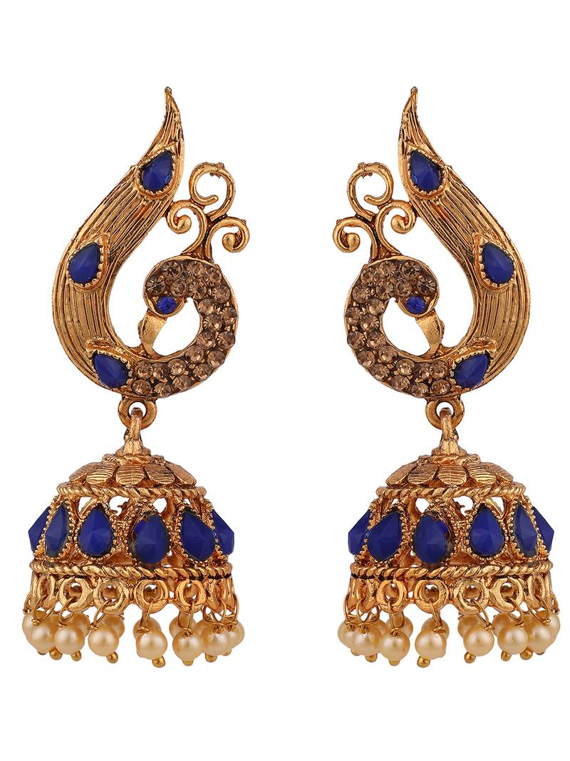 Styylo Fashion Peacock Shaped Brass Traditional Gold Tone Blue Stone Studded Jhumka Earring