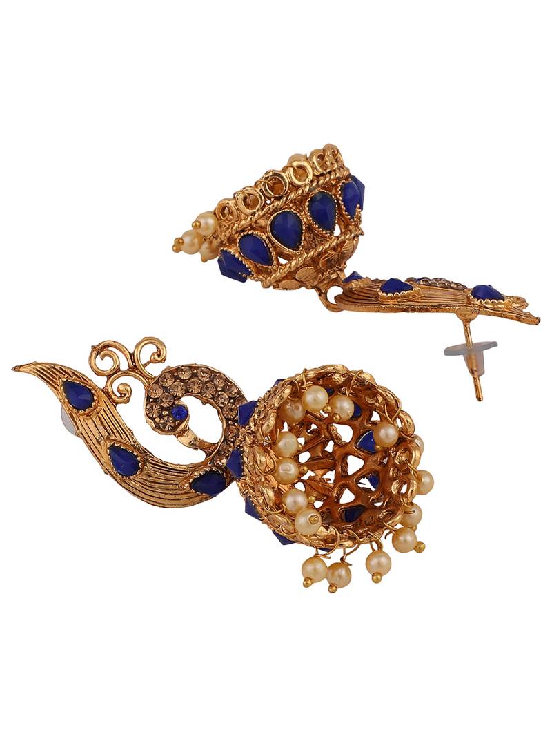 Styylo Fashion Peacock Shaped Brass Traditional Gold Tone Blue Stone Studded Jhumka Earring