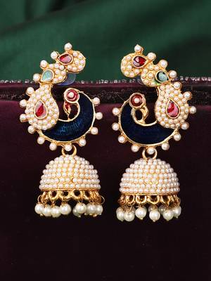 Styylo Fashion Off-White Peacock Traditional Pearl and Meenakari Brass Jhumka Earring 1