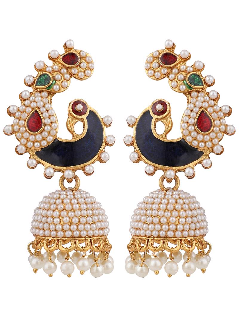 Styylo Fashion Off-White Peacock Traditional Pearl and Meenakari Brass Jhumka Earring