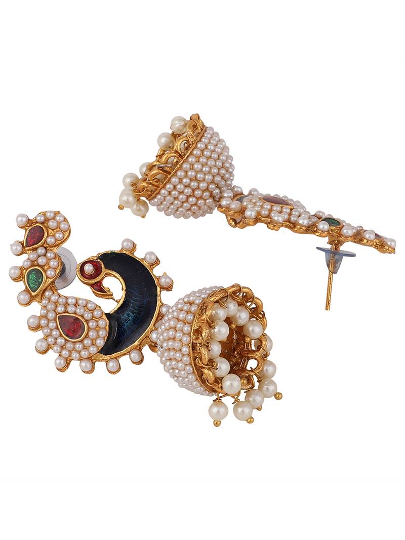 Styylo Fashion Off-White Peacock Traditional Pearl and Meenakari Brass Jhumka Earring