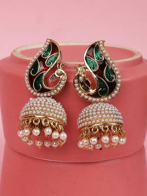Styylo Fashion Off-White & Multicolour Peacock Meenakari Pearl Traditional Brass Jhumka 1