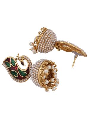 Styylo Fashion Off-White & Multicolour Peacock Meenakari Pearl Traditional Brass Jhumka 2