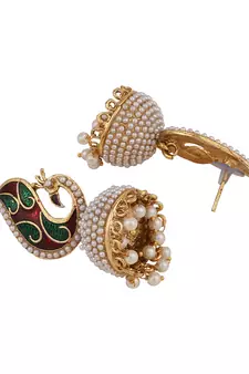 Styylo Fashion Off-White & Multicolour Peacock Meenakari Pearl Traditional Brass Jhumka