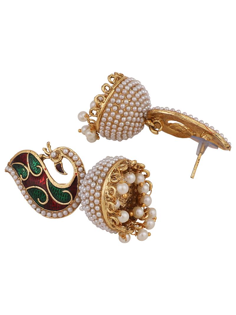 Styylo Fashion Off-White & Multicolour Peacock Meenakari Pearl Traditional Brass Jhumka