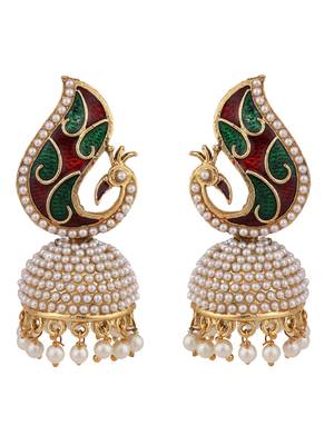 Styylo Fashion Off-White & Multicolour Peacock Meenakari Pearl Traditional Brass Jhumka 3