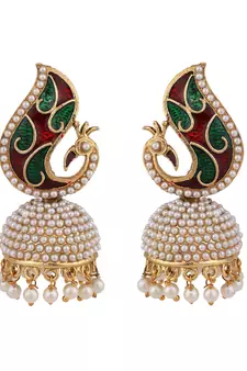 Styylo Fashion Off-White & Multicolour Peacock Meenakari Pearl Traditional Brass Jhumka