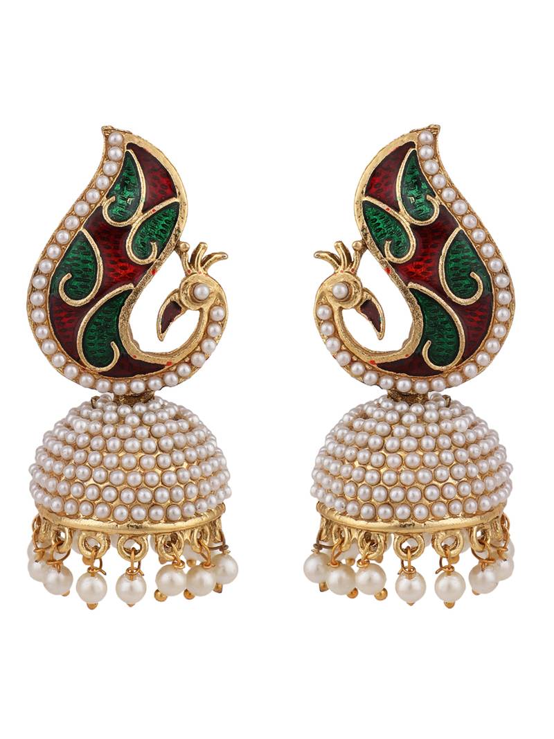 Styylo Fashion Off-White & Multicolour Peacock Meenakari Pearl Traditional Brass Jhumka