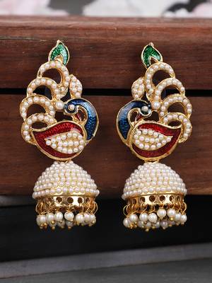Styylo Fashion Off-White & Multicolour Meenakari Pearcock Pearl Traditional Brass jhumka Earring 1