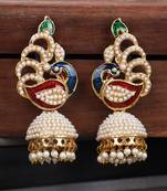 Styylo Fashion Off-White & Multicolour Meenakari Pearcock Pearl Traditional Brass jhumka Earring