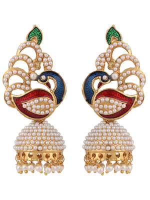 Styylo Fashion Off-White & Multicolour Meenakari Pearcock Pearl Traditional Brass jhumka Earring 2