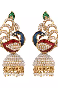 Styylo Fashion Off-White & Multicolour Meenakari Pearcock Pearl Traditional Brass jhumka Earring