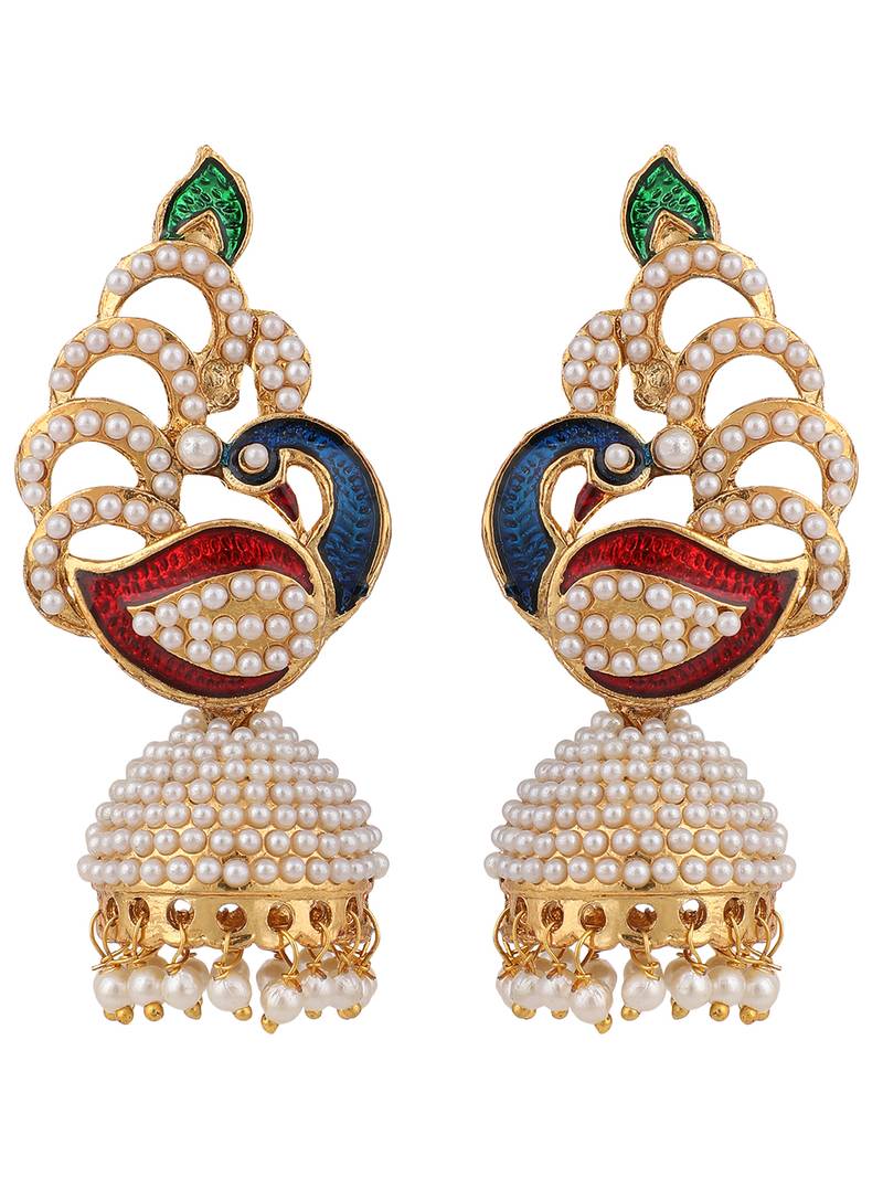 Styylo Fashion Off-White & Multicolour Meenakari Pearcock Pearl Traditional Brass jhumka Earring