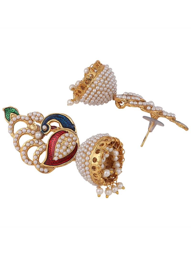 Styylo Fashion Off-White & Multicolour Meenakari Pearcock Pearl Traditional Brass jhumka Earring