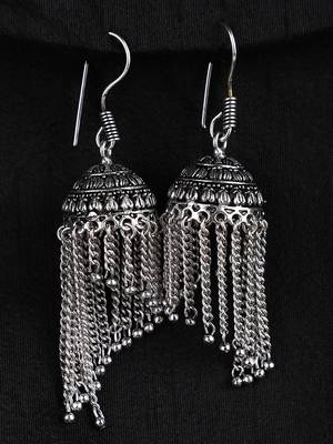 Styylo Fashion Silver Tone Assemetric Oxidised Taseled Jhumka Earring 1
