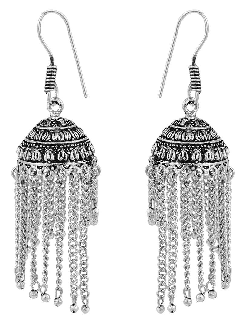 Styylo Fashion Silver Tone Assemetric Oxidised Taseled Jhumka Earring